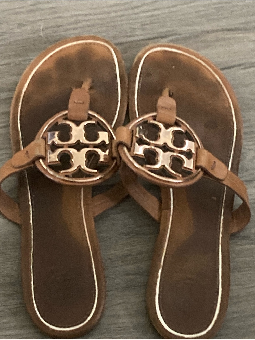 Tory Burch Brown Leather Logo Thong Sandals with Gold Logo Medallions